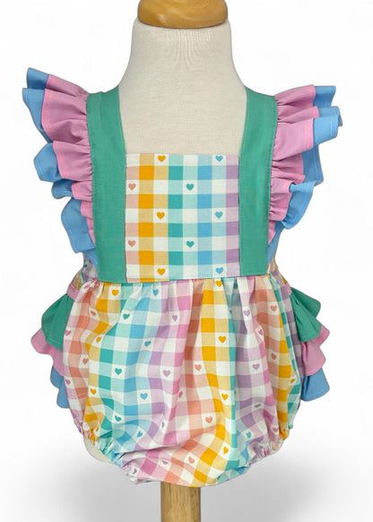 Pastel Gingham Heart Print | Handmade Woven Cotton Bellevue Romper