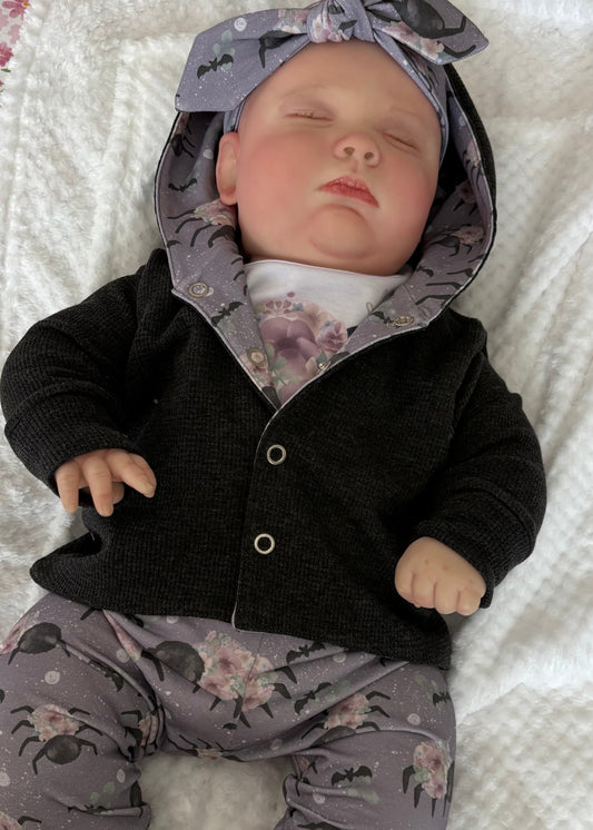 Floral Spiders Print & Waffle Knit Hooded Cardigan