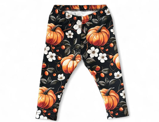 6-9 Months Pumpkin Flowers Print French Terry Classic Leggings (Ready To Post)