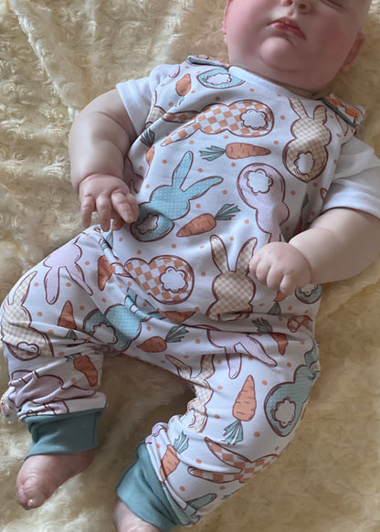 6-9 Months | Cottage Bunnies Mint | French Terry Playful Romper | READY TO POST
