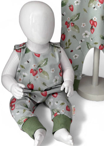 0-3 Months | Strawberry Meadow | Handmade Jersey Playful Romper | Green Cuff | READY TO POST