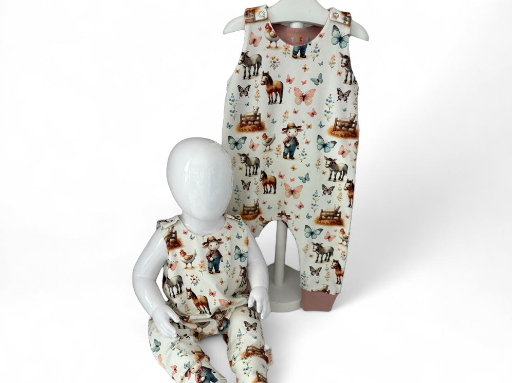 On The Farm Print Organic Cotton Jersey Dungaree Romper