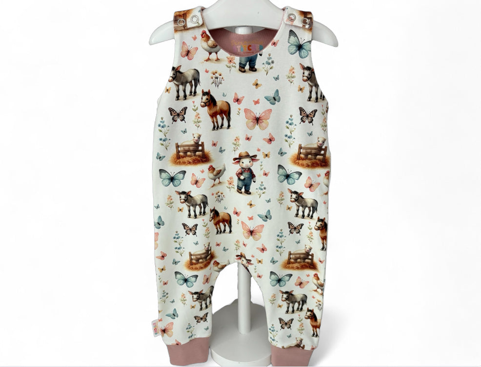 On The Farm Print Organic Cotton Jersey Dungaree Romper