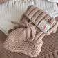 Newborn Knit Baby Set – Romper, Hat, Booties & Blanket – Cosy and stylish outfit for newborn photos or first outings, embroidered with “Just Arrived.”