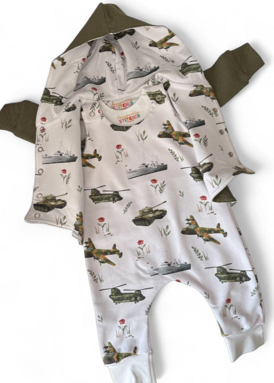 Vintage Military Print French Terry Romper (Handmade To Order)