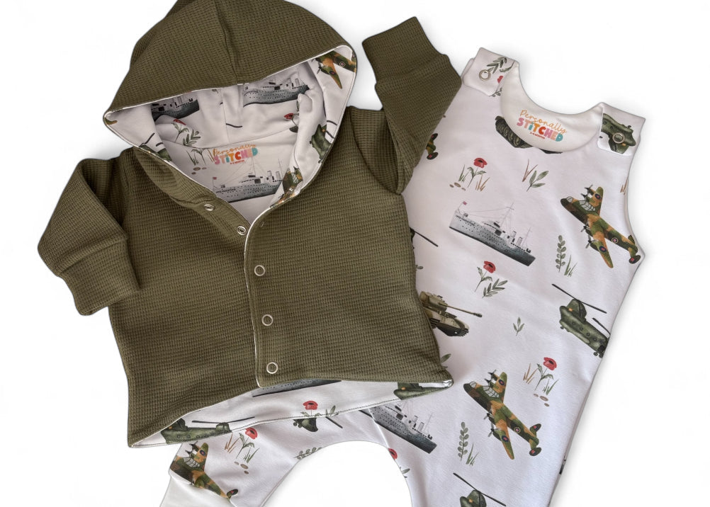 Vintage Military Print French Terry Romper (Handmade To Order)