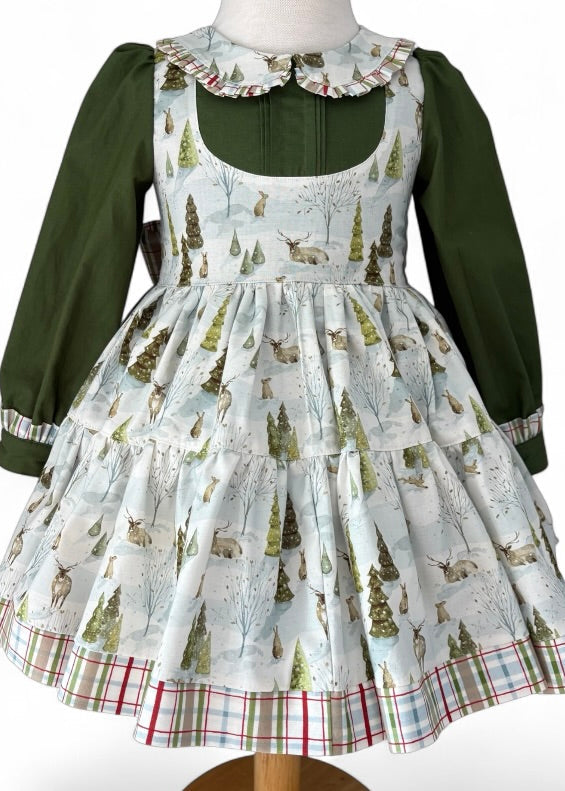 Handmade girls Christmas dress in Santa’s Tree Farm print