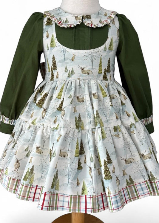 Handmade girls Christmas dress in Santa’s Tree Farm print