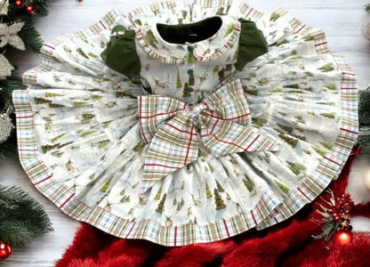 Toddler festive cotton dress in tree farm print with plaid trim and oversized back bow