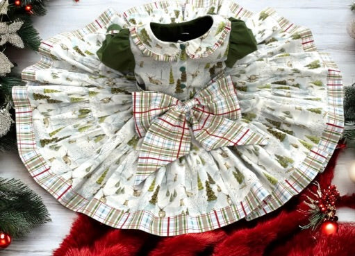 Toddler festive cotton dress in tree farm print with plaid trim and oversized back bow