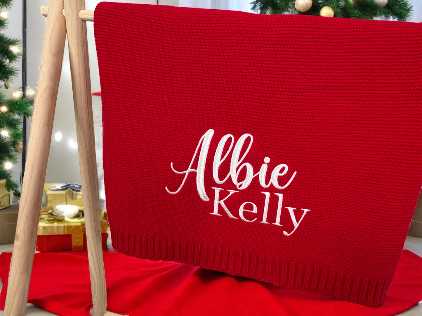 Red Personalised Knit Blanket | Personally Stitched Exclusive