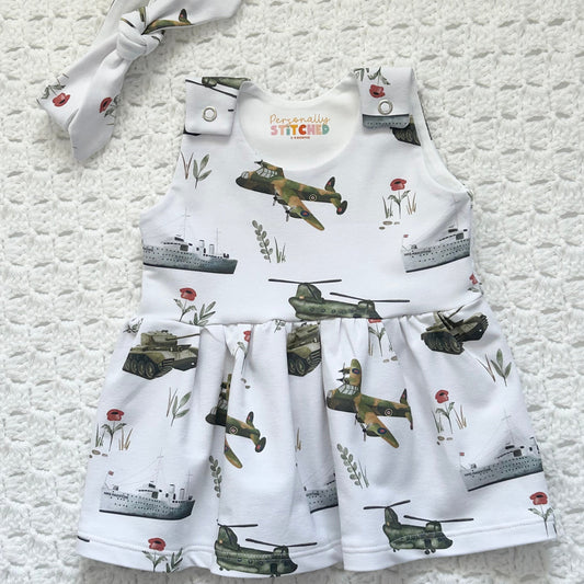 Vintage Military Print French Terry Blossom Dress (Handmade To Order)
