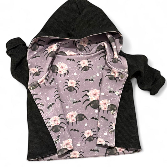 Floral Spiders Print & Waffle Knit Hooded Cardigan