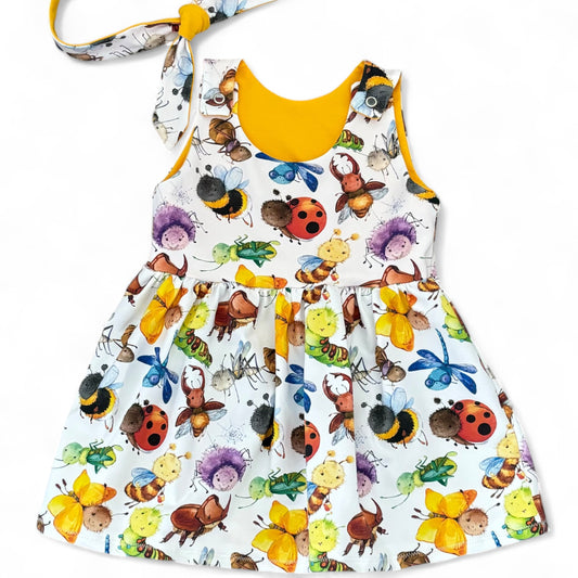 Happy Bugs Print French Terry Blossom Dress (Handmade To Order)