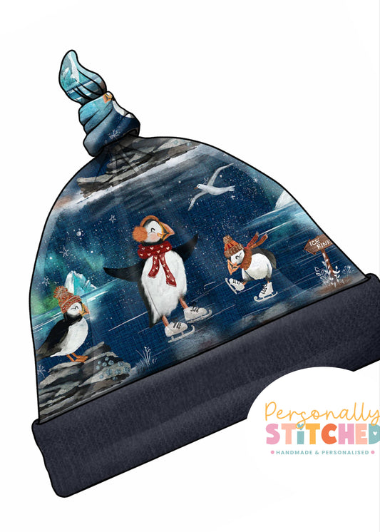 Ice Skating Puffins Handmade Tie Knot Baby Hat