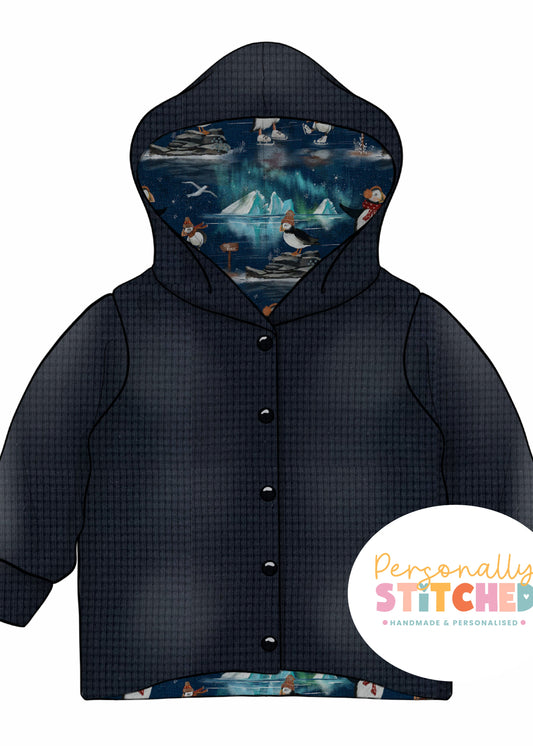 Ice Skating Puffins & Waffle Knit Hooded Cardigan (Handmade To Order)