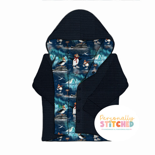 Ice Skating Puffins & Waffle Knit Hooded Cardigan (Handmade To Order)