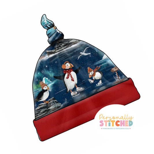 Ice Skating Puffins Handmade Tie Knot Baby Hat