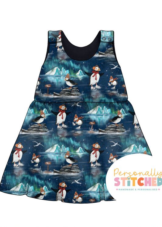 Ice Skating Puffins French Terry Blossom Dress (Handmade To Order)