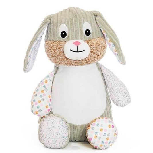Pastel icing sugar sensory bunny soft toy with personalised name embroidery