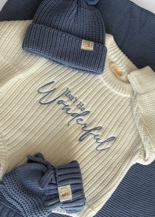 Personally Stitched Embroidered Baby Knit Sets – Gender-themed knit romper sets with soft blue and pink accents, including booties, hats, and textured knit blankets.