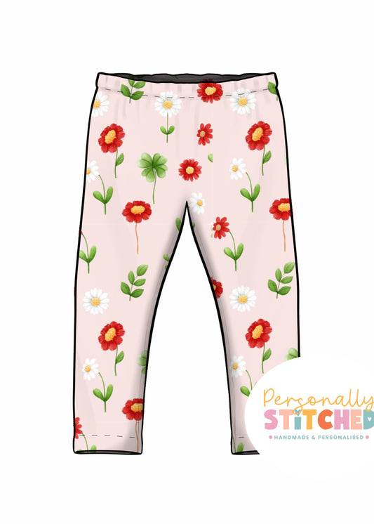 Ladybird Flowers Print French Terry Classic Leggings (Handmade To Order)