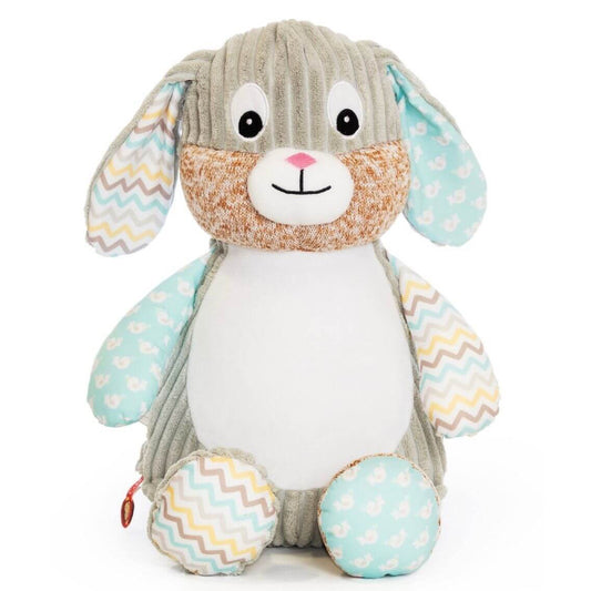 Mint green sensory bunny soft toy with embroidered personalised name