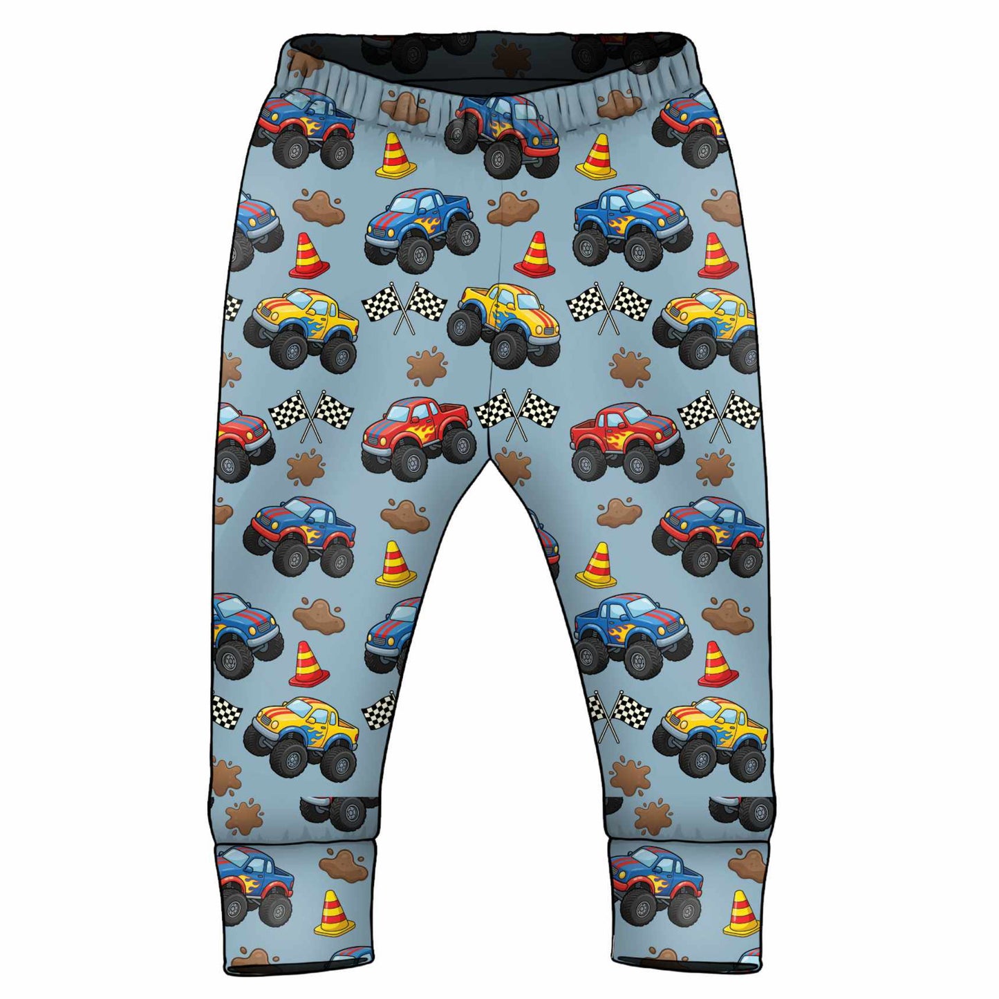 Children's pants with monster truck pattern on a light blue background