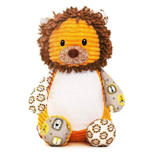 Numbutu the sensory lion soft toy with textured mane and embroidered personalised name