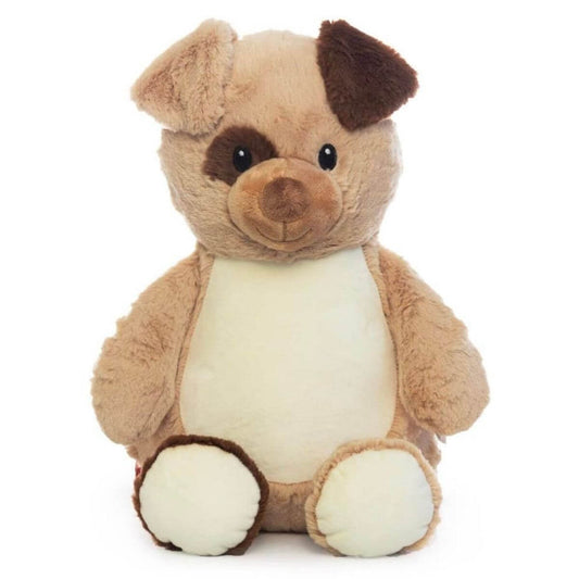 Patchy the patchwork dog soft toy with eye patch and embroidered personalised name