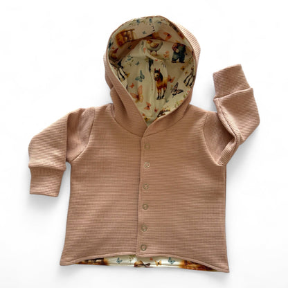 6-9 Months | On The Farm | Pink Waffle | Handmade Jersey Knit Hooded Cardigan | READY TO POST