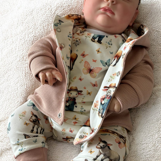 On The Farm Print & Waffle Knit Hooded Cardigan (Handmade To Order)