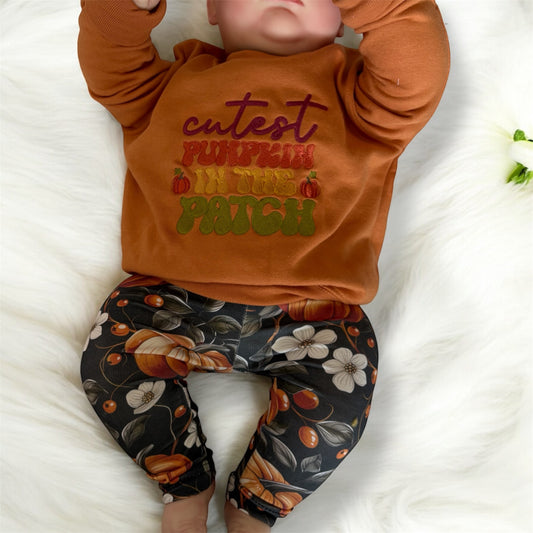 6-9 Months Pumpkin Flowers Print French Terry Classic Leggings (Ready To Post)