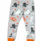 Halloween-themed children's pants with pumpkins, cats, and bats on a gray background.