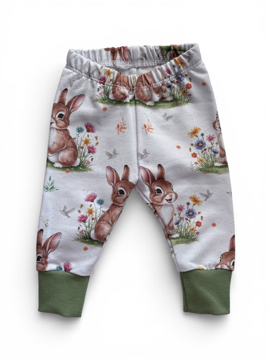 0-3 Months | Cutie Rabbit Leggings | Handmade French Terry | Green Cuffs | READY TO POST