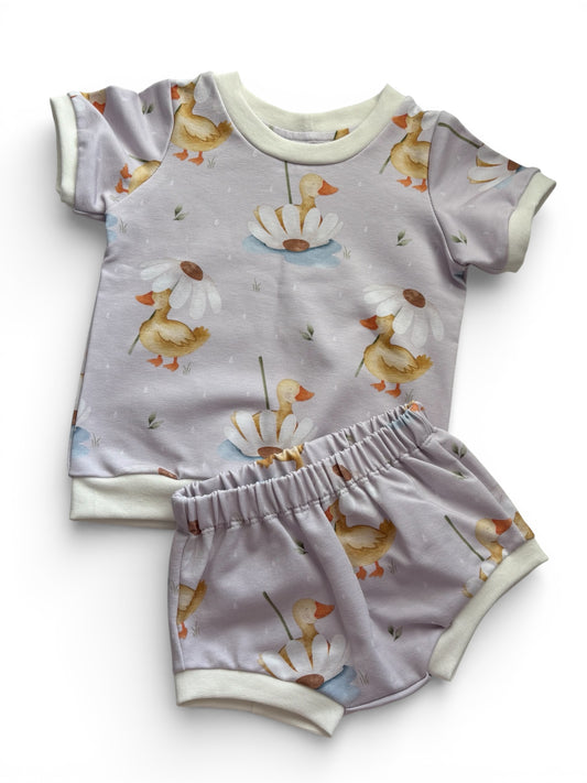 6-9 Months | Daisy & Ducks | Handmade French Terry T-Shirt & Bummies | READY TO POST