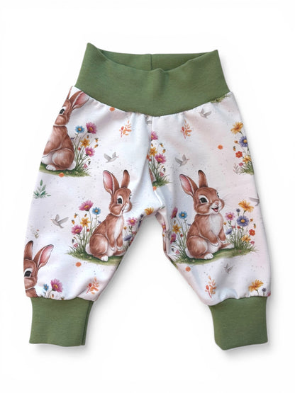 0-3 Months | Cutie Rabbit | Handmade Relaxed Fit Cuff Jogger | Yoga Waist | Green Cuff | READY TO POST