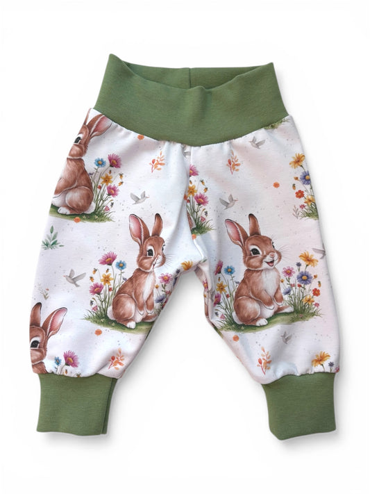 0-3 Months | Cutie Rabbit | Handmade Relaxed Fit Cuff Jogger | Yoga Waist | Green Cuff | READY TO POST