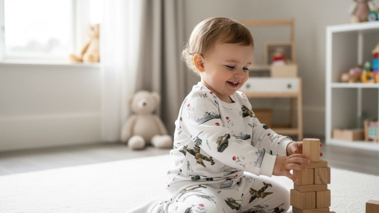 Child playing with wooden blocks in a bright, child-friendly room.