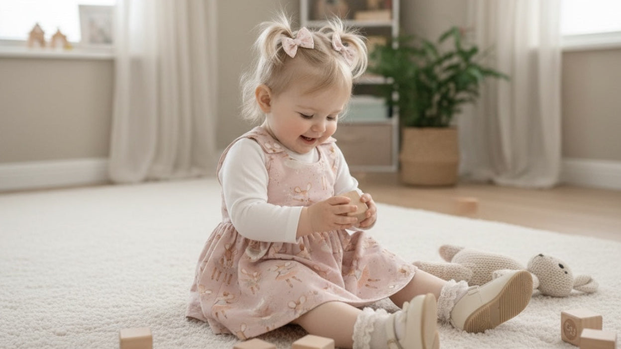 Child playing with blocks on a carpeted floor in a room with light-colored walls and a plant.