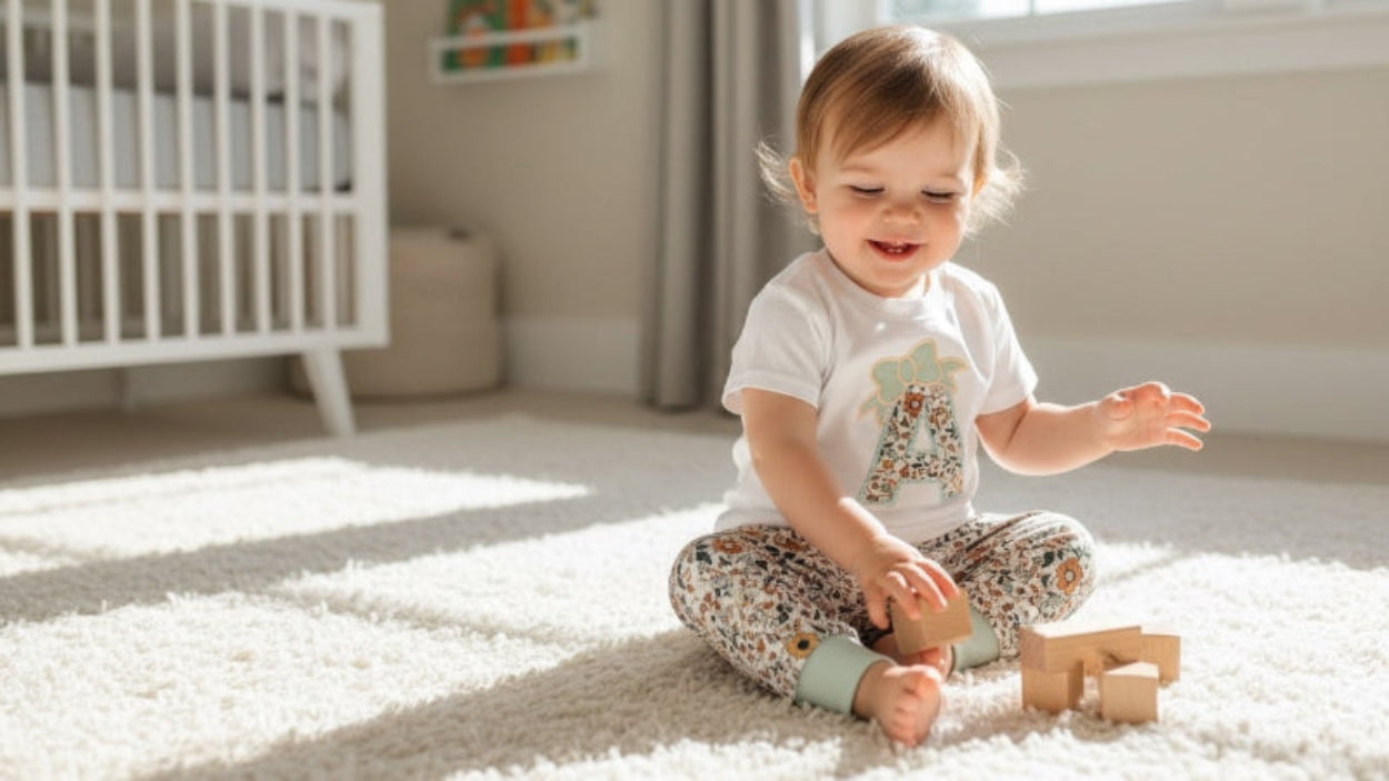 Child playing with toys on a carpeted floor in a nursery.