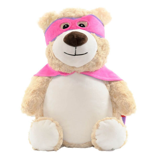 Pink superhero Cubbies teddy bear with cape and personalised name embroidery