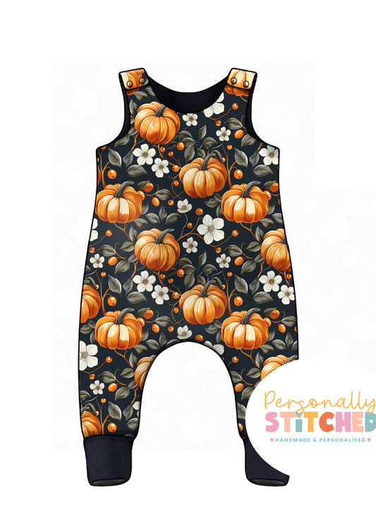 Pumpkin & Flowers Print French Terry Romper (Handmade To Order)