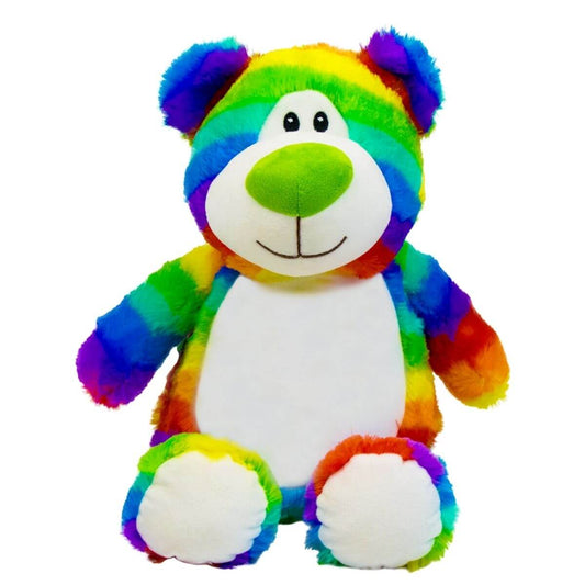 Bright rainbow Cubbies teddy bear soft toy with personalised name embroidery