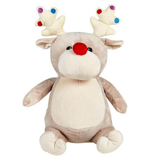 Taupe reindeer soft toy with red nose and embroidered personalised name or christmas design