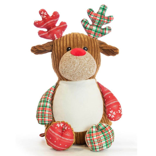 Red tartan reindeer soft toy with festive check pattern and personalised with embroidery