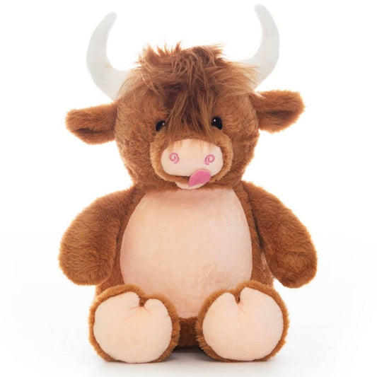 Rugged Rufus the Highland cow soft toy with shaggy fringe and personalised embroidery