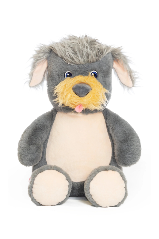 Gray plush dog toy with a yellow snout on a white background