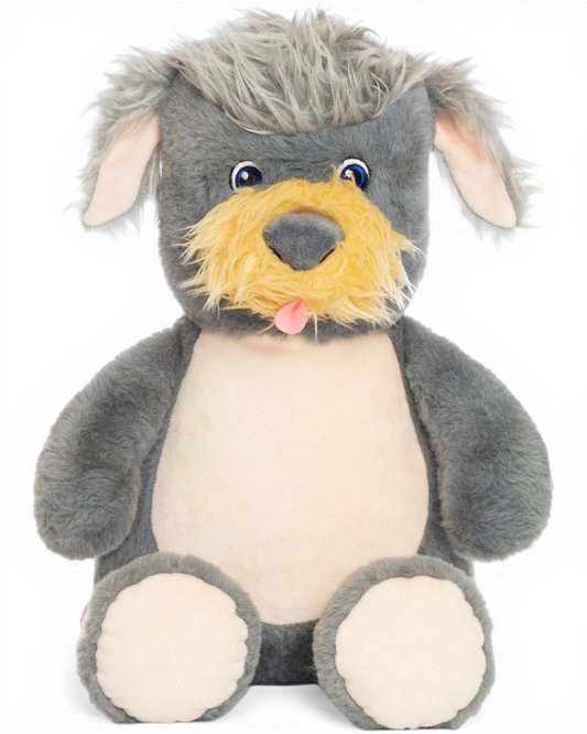 Gray plush dog toy with a yellow snout on a white background