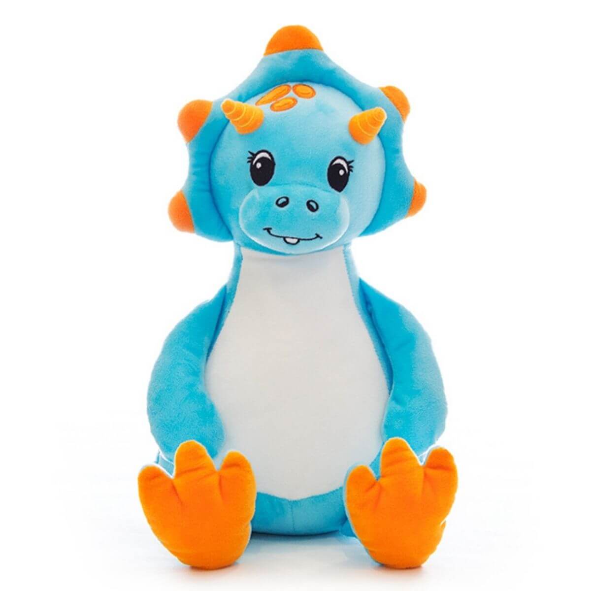 Sir Monty the blue dinosaur soft toy with embroidered personalised name